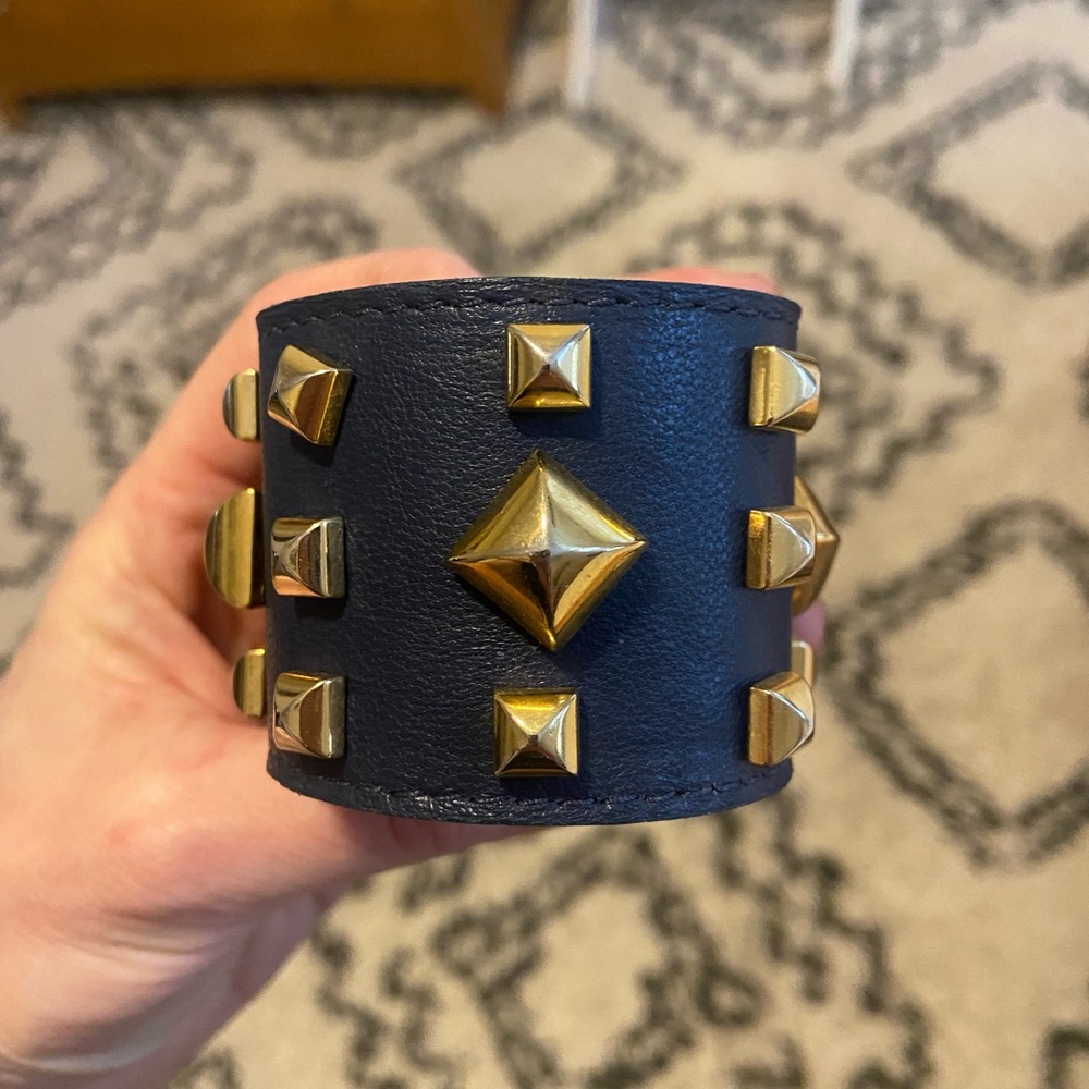 Dolce Vita navy italian leather studded cuff bracelet with easy snap closure.